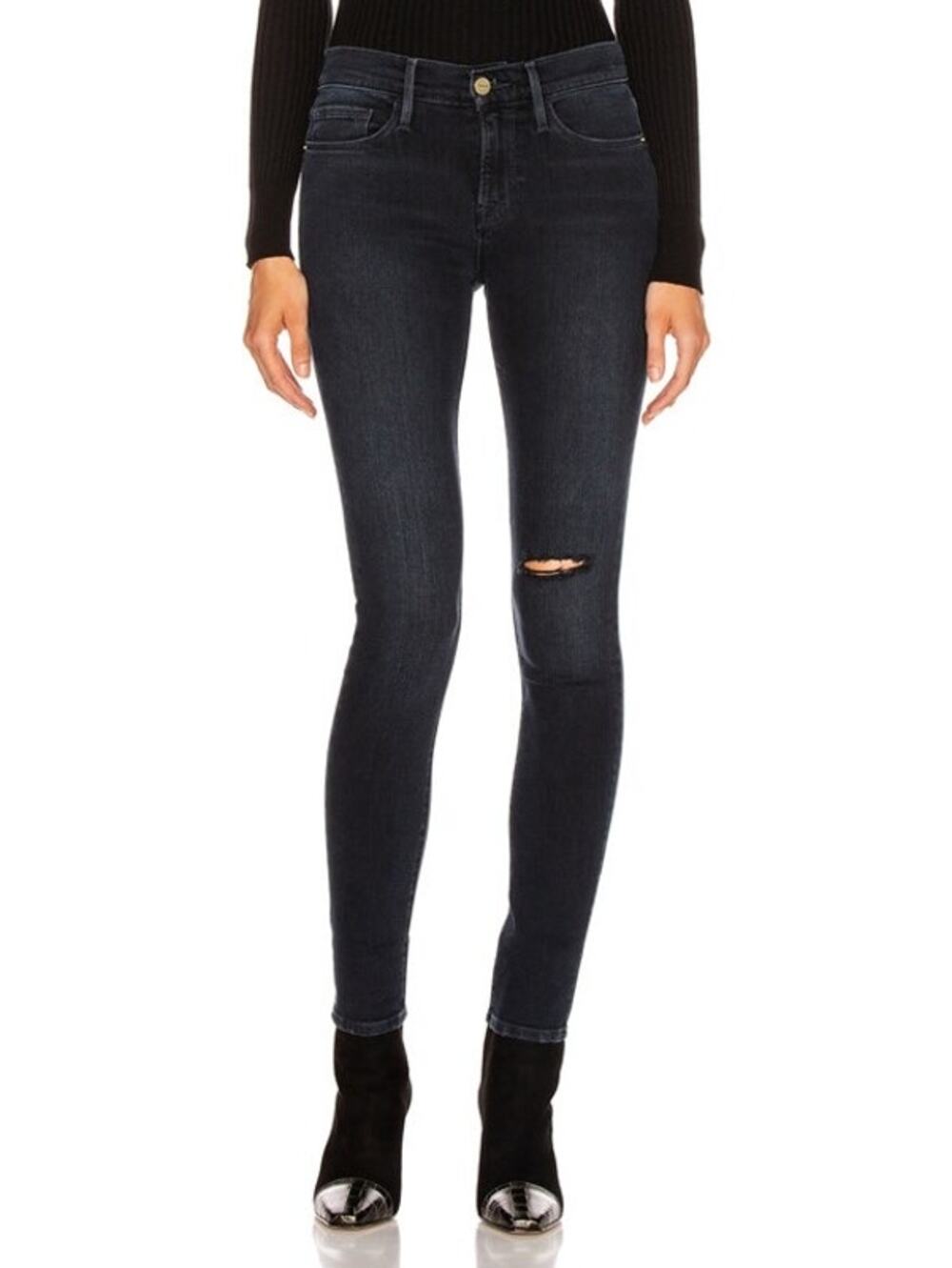Frame Denim Black Le Skinny De Jeanne Distressed Skinny Jeans in Dynamite 27